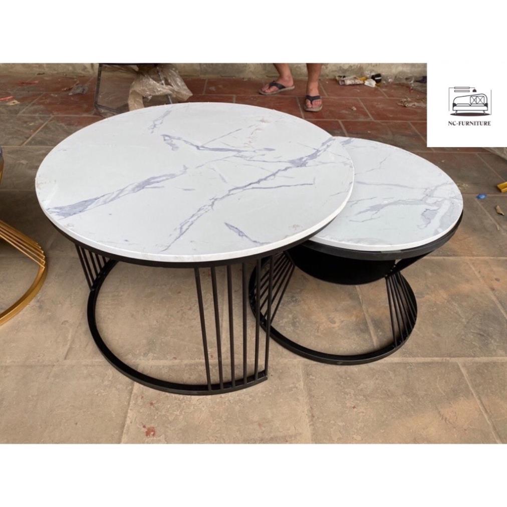 Bàn trà sofa phòng khách 2 mặt đá tròn, khung chân 6 nan chắc chắn, hiện đại  - Giá Xưởng