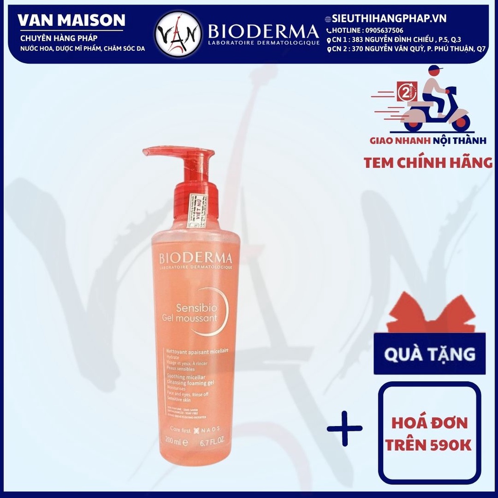 Sửa rửa mặt bioderma sensibio gel moussant dành cho da nhạy cảm, da khô dễ kích ứng 200ml