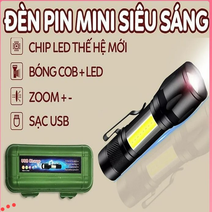 Đèn pin siêu sáng mini sạc điện usb bóng led xpe cob có zoom cầm tay chuyên dụng, chống nước