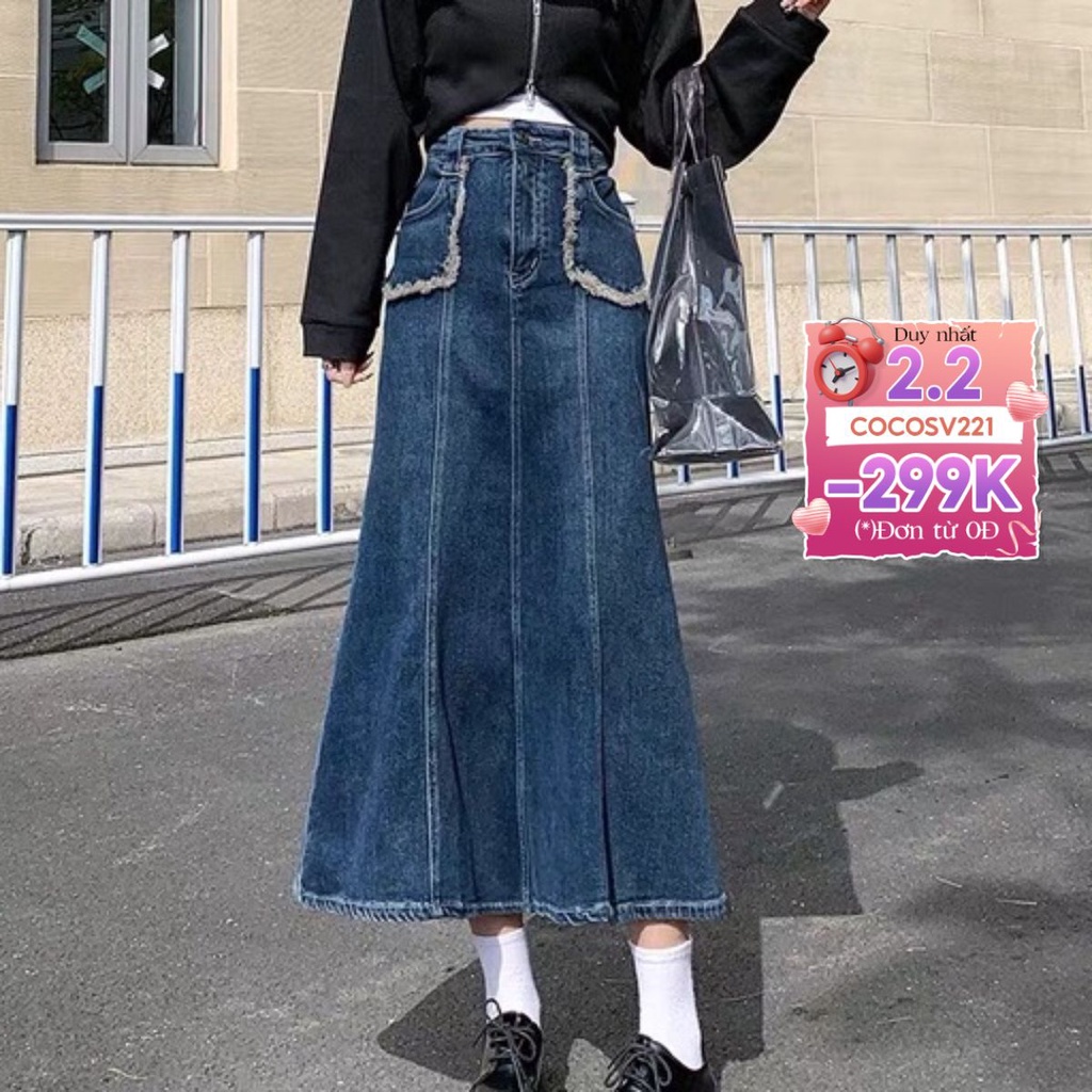 Chân váy jeans cạp cao, chân váy midi dáng dài phong cách Hàn Quốc_A20