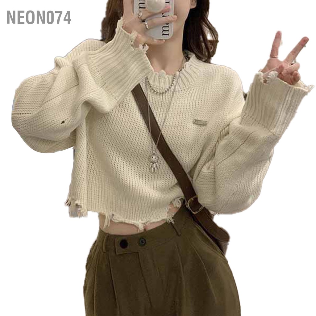 Áo len MỎNG croptop dài tay rách tua rua Hot Girl - Thời Trang Dáng Rộng Màu Trắng Dệt Kim Nữ Cho Mùa Thu - Neon074