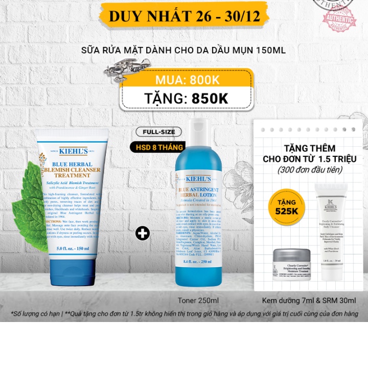 Sữa rửa mặt giảm mụn dạng gel Kiehl's Blue Herbal Blemish Cleanser Treatment 150ml