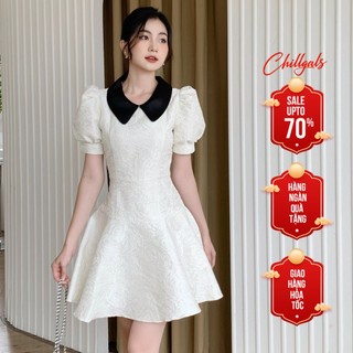Váy gấm hoa hồng Chillgals tay bồng dáng xòe trắng VA-087