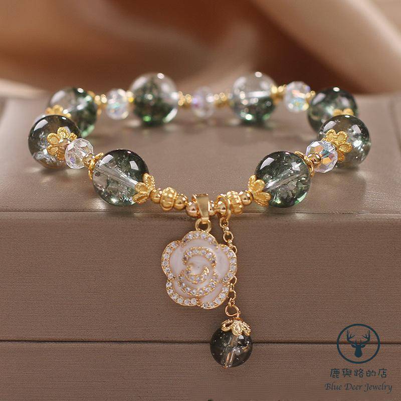 Vòng Đeo Tay Đính Đá Pha Lê Màu Xanh Lá Cây Hình Hoa May Mắn Phong Cách Mới Mùa Hè Tươi Mới Cho Nữ đá phong thuỷ vòng tay