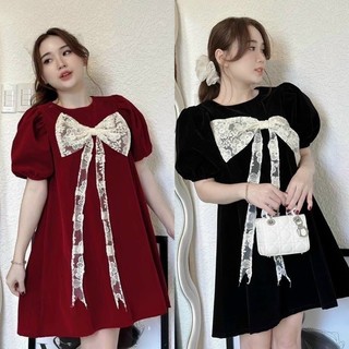 Đầm BBD nhung đen tay bồng bo chun cổ tròn may nơ ren cài nút cổ freesize Pumi