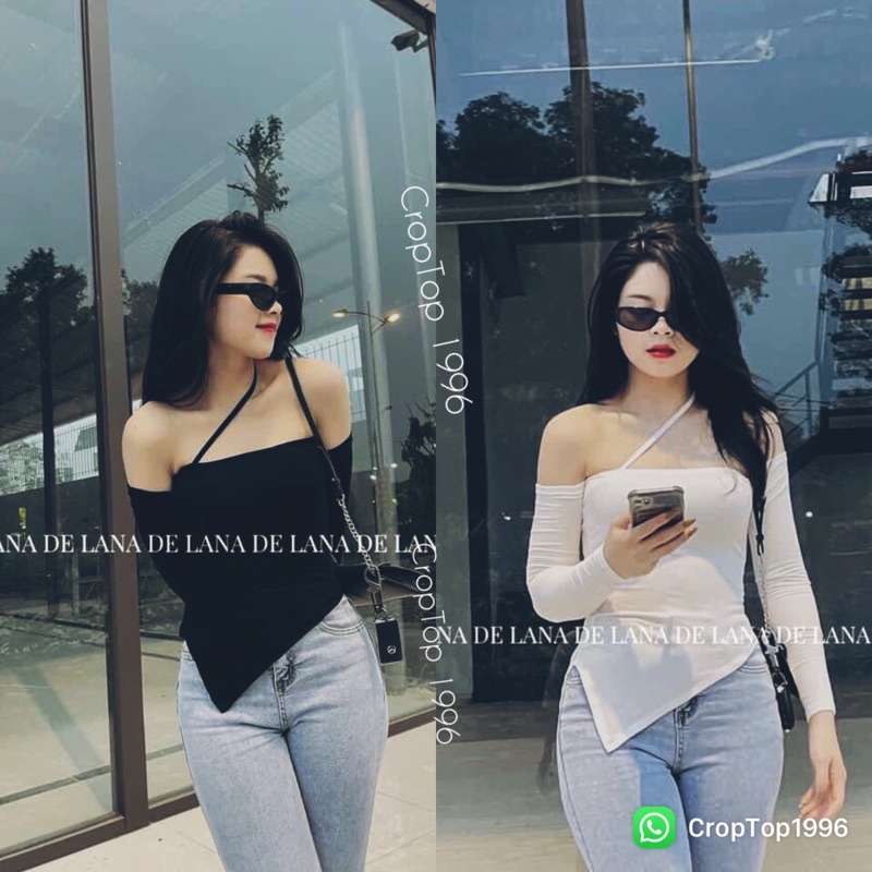 Áo kiểu hở vai cổ dây phối vạt áo chéo phong cách