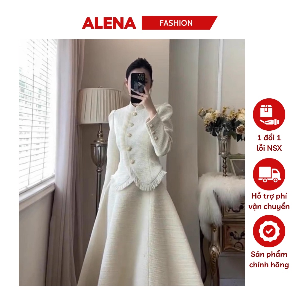 Váy dạ tweed ALENA Fashion set váy dài tay thu đông phong cách Hàn Quốc chân váy xoè dáng dài maxi váy trắng