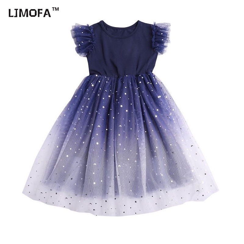 LJMOFA Đầm Công Chúa Vải Tuyn Phối Lưới Tay Xòe Đính Ngôi Sao Thời Trang Mùa Hè Cho Bé Gái 4-8 Tuổi D229