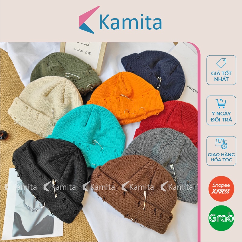 Mũ Len Beanie Rách Đính Khuyên KAMITA Phong Cách Hàn Quốc, Nón Len Ngắn Rách Đẹp Mùa Đông Hip Hop Unisex Nam Nữ ML24