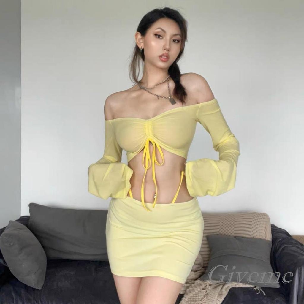 Bộ 2 Món Áo Croptop Trễ Vai Tay Dài + Chân Váy Lưng Thấp Màu Trơn Xinh Xắn Cho Nữ