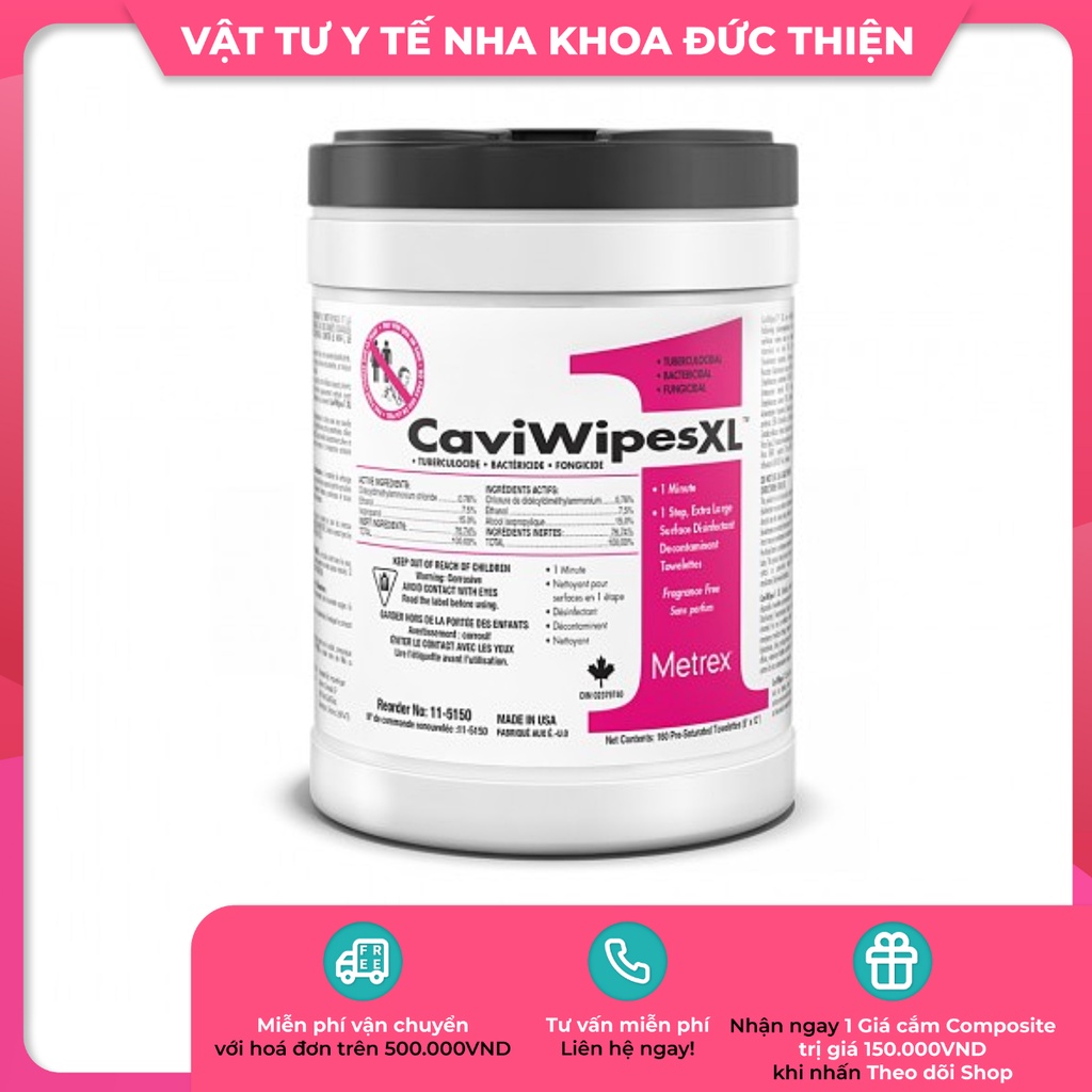 Caviwipes 1 Giấy lau sát khuẩn bề mặt, tay khoan, dụng cụ y tế nha khoa 1 phút (Hộp 160 tờ) - Vật tư nha khoa chính hãng