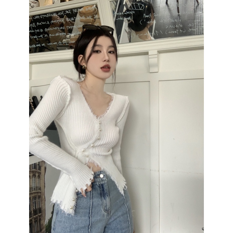 QKOOLE Áo sweater Dệt Kim Cổ V Tay Dài Xẻ Tà Thời Trang Mùa Xuân Cá Tính