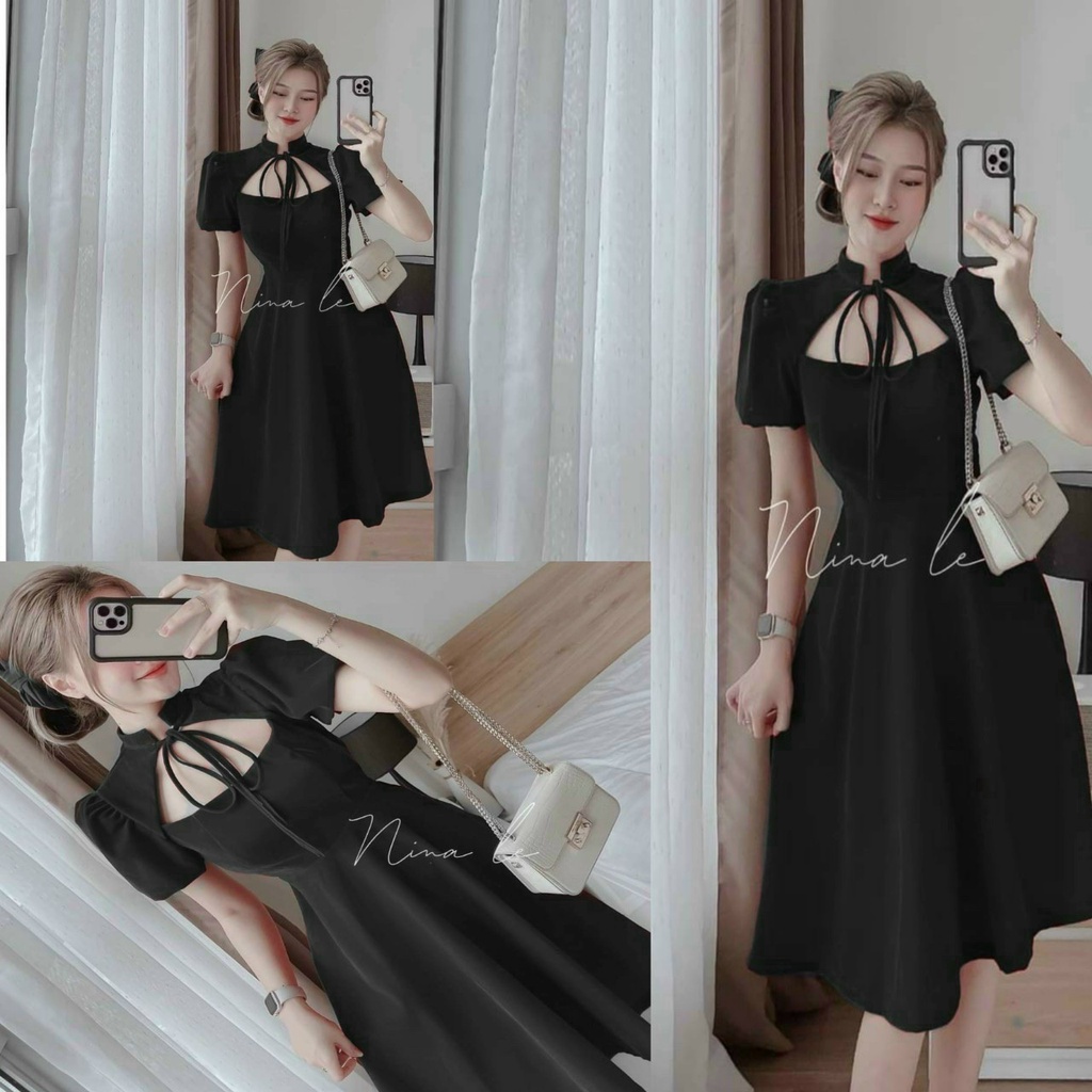 Đầm Váy Xòe Cổ Cột Nơ 2 Màu Đen Đỏ Y hình ( Có Mút )