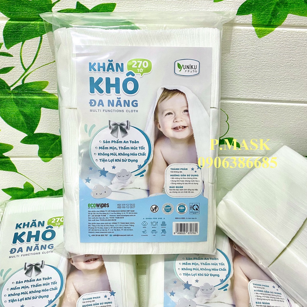 KHĂN LAU KHÔ ĐA NĂNG 270 TỜ không mùi dành cho bé YUNIKU