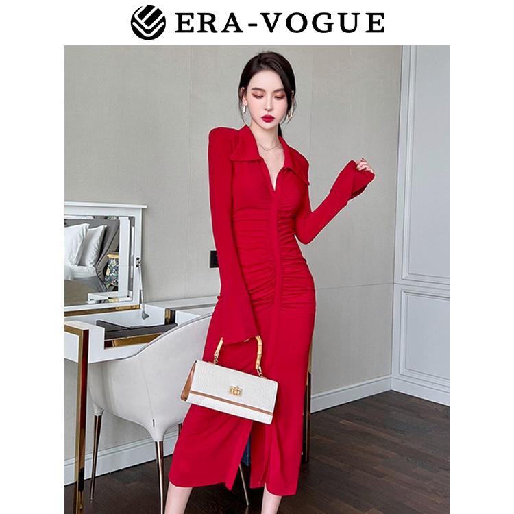 EraVogue🌷 Đầm Dự Tiệc Vải Dệt Kim Tay Dài Ôm Dáng Cổ polo Màu Đỏ / Đen 9461 Cho Nữ