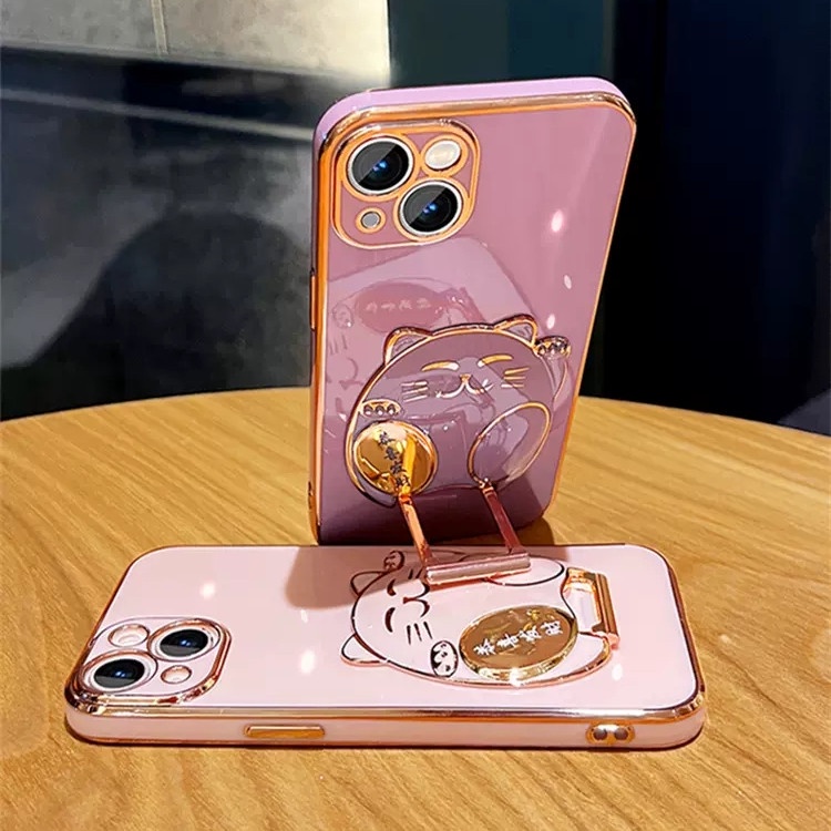 Ốp Điện Thoại Silicon Dẻo Tráng Gương Hình Mèo Thần Tài 3D Kèm Giá Đỡ Cho Iphone 12 Pro Max 13 Pro Max 14 Pro Max 14 Plus