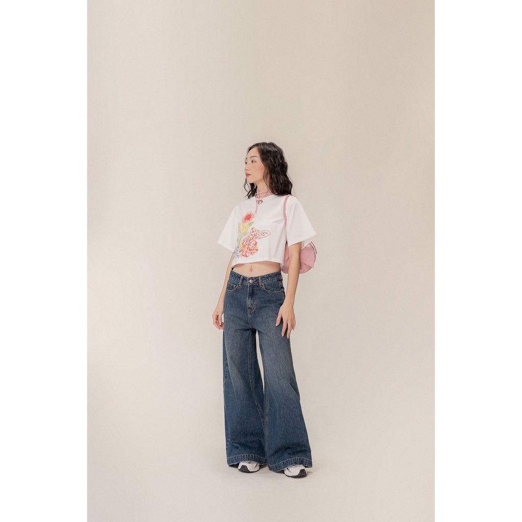 LIBÉ - Áo thun tay ngắn dáng boxy cổ tròn màu trắng in hình