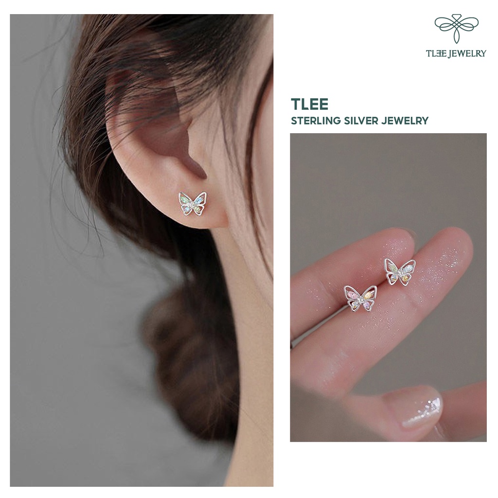 Khuyên tai bạc nữ TLEE mẫu cánh bướm đính đá ngũ sắc xinh xắn bạc cao cấp TleeJewelry B0230