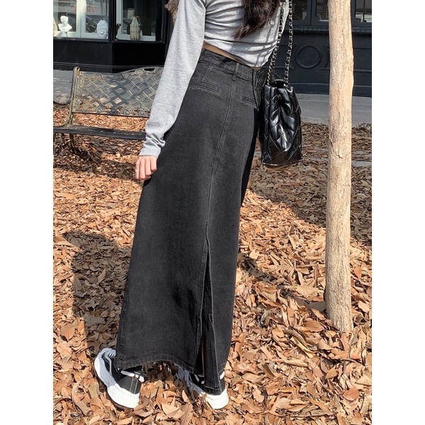 Chân váy denim dáng dài, chân váy jean dáng dài túi trước