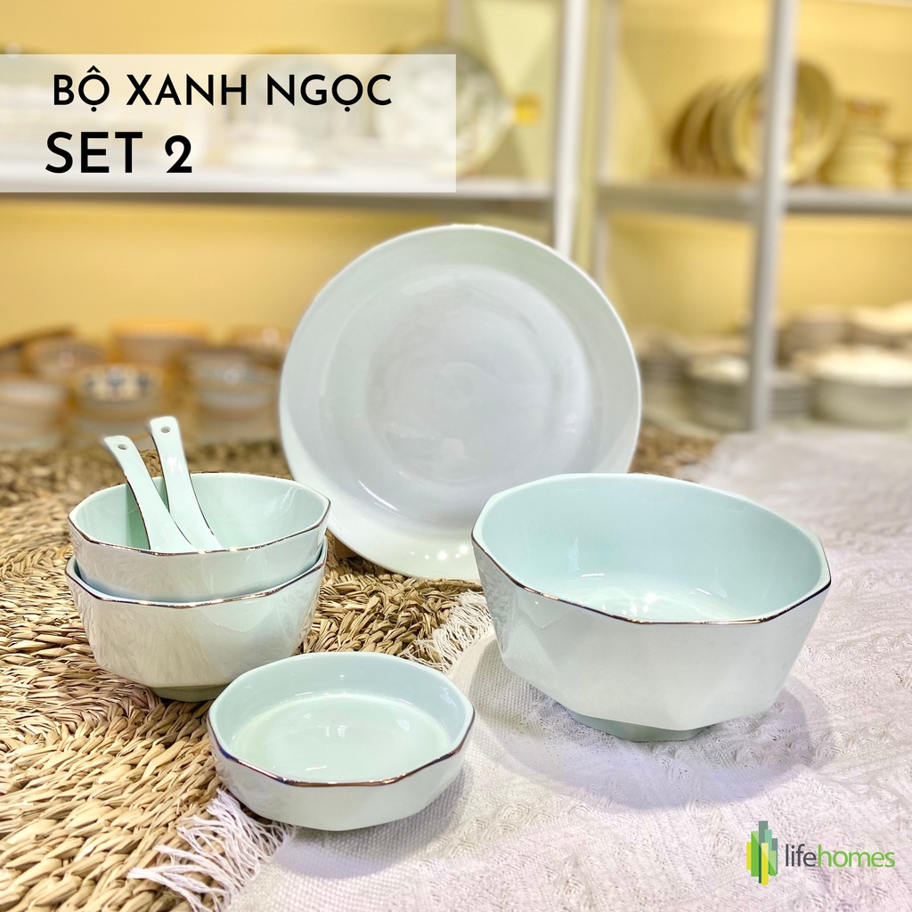 Bộ bát đĩa gốm sứ Xanh Ngọc đa cạnh Lifehomes Decor , Set chén tô ăn cơm cao cấp phong cách Châu Âu