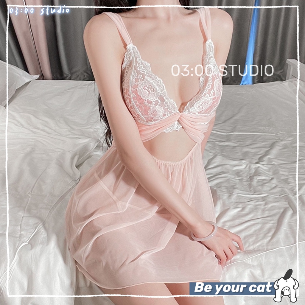 （Giao hàng bảo mật）🍔Đồ/đầm ngủ sexy🍔2 dây ren cao cấp dễ thương mặc nhà gợi cảm quyến rũ + quần lót 40-60kg--037
