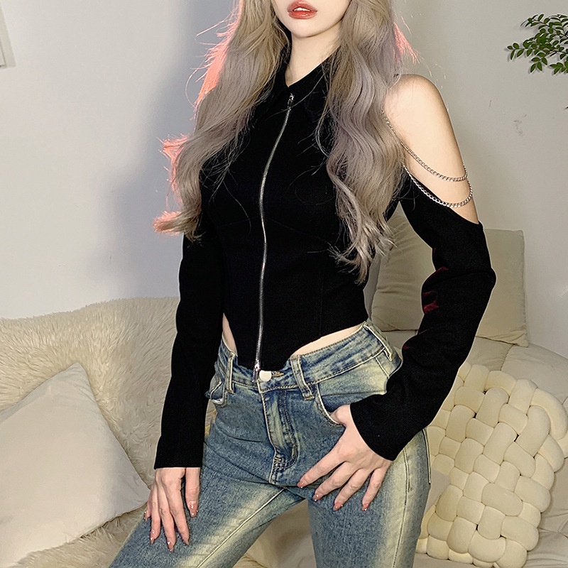 DUNEA Áo Sơ Mi Tay Dài Cổ Polo Có Dây Kéo Dành Cho Nữ