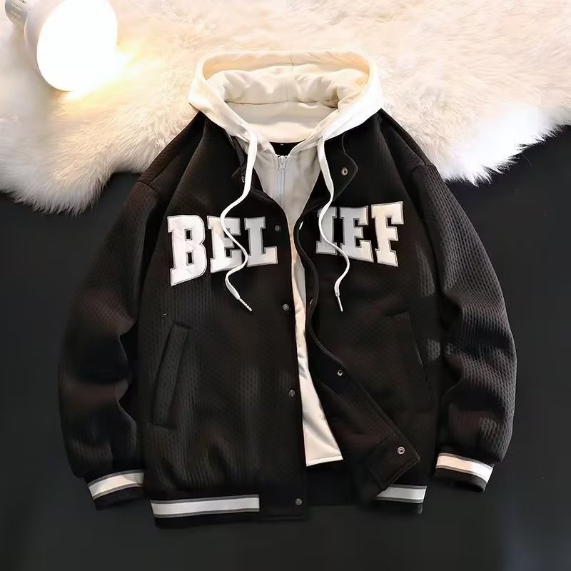 Áo Khoác Bóng Chày Ngắn Giả Hai Lớp Có Mũ Trùm Dáng Rộng Thời Trang Xuân Thu Hàng Mới Dành Cho Cặp Đôi