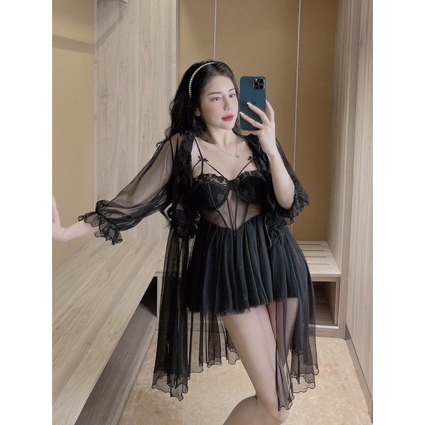 ♥️Hàng QC♥️Set váy ngủ kèm áo choàng ren xuyên thấu sexy _Thanhhien997_ren cao cấp, mỏng manh 751. | BigBuy360 - bigbuy360.vn