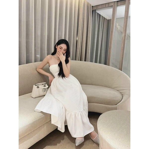 Đầm gấm cúp ngực dáng xoè dài nhúng thun sau