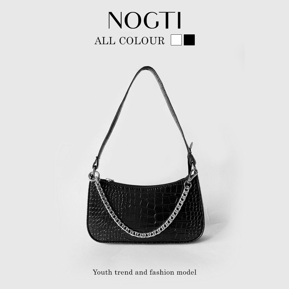 Túi Xách Nữ NOGTI Da Bóng Sần Vân Cá Sấu Dây Da Dây Xích Màu Đen Trắng Cắp Nách Đeo Vai Size 23 Phong Cách Hàn Quốc