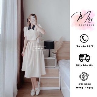 Set đồ nữ chân váy lien màu be phối áo cổ cúc ngọc