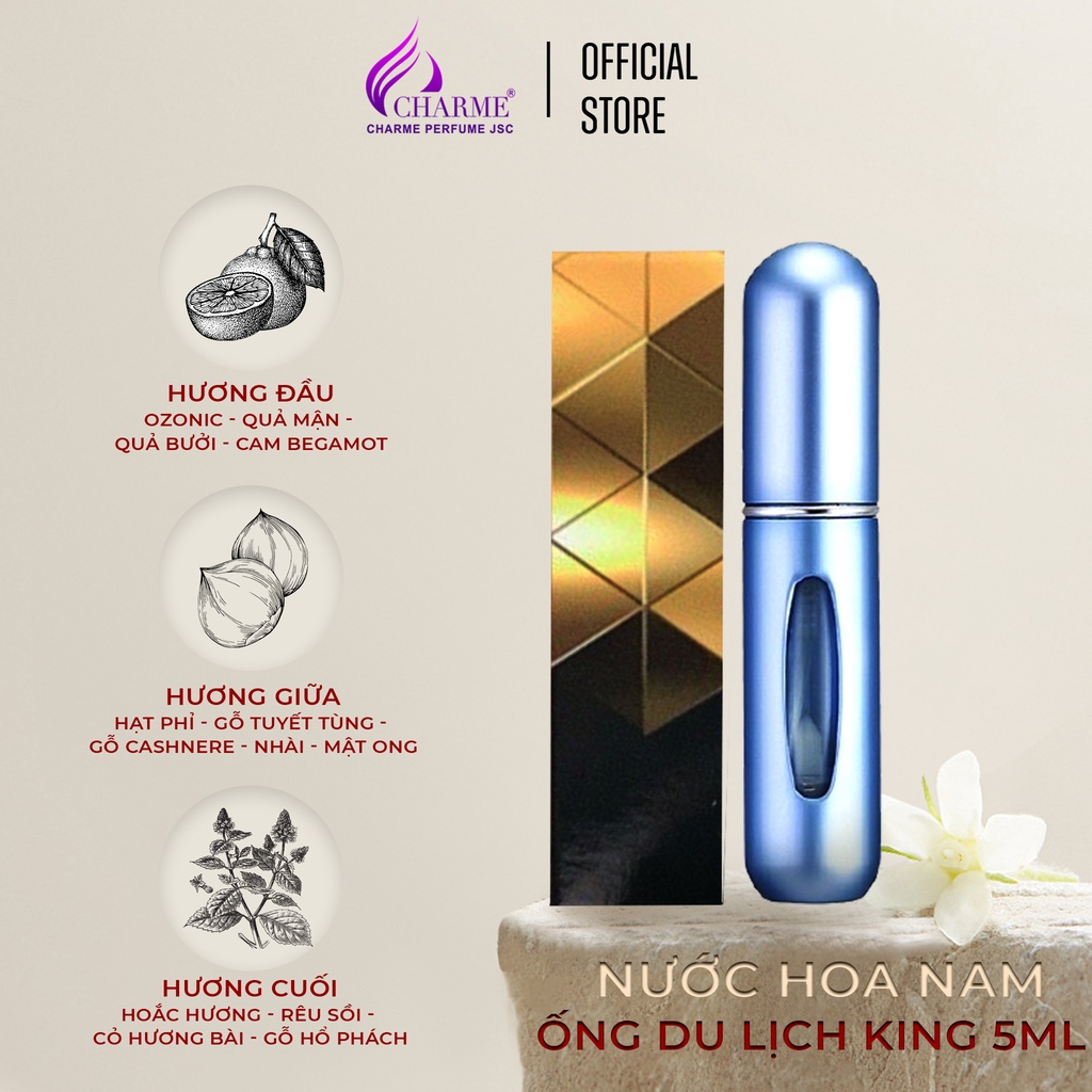 Nước hoa nam cao cấp, Charme King, ống chiết du lịch mini, hương gỗ nam tính, 5ml