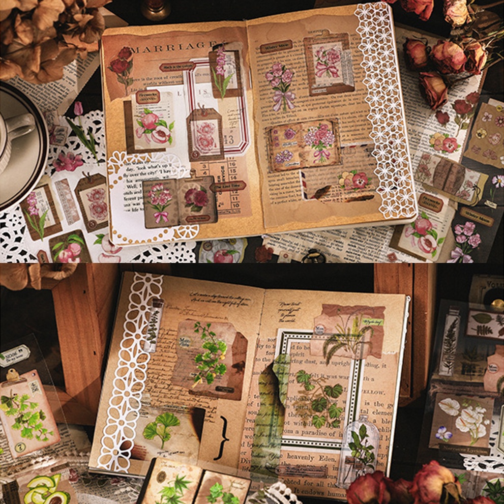 Set 3 tấm sticker PET các mẫu hoa nhiều màu sắc và giấy note trang trí journal