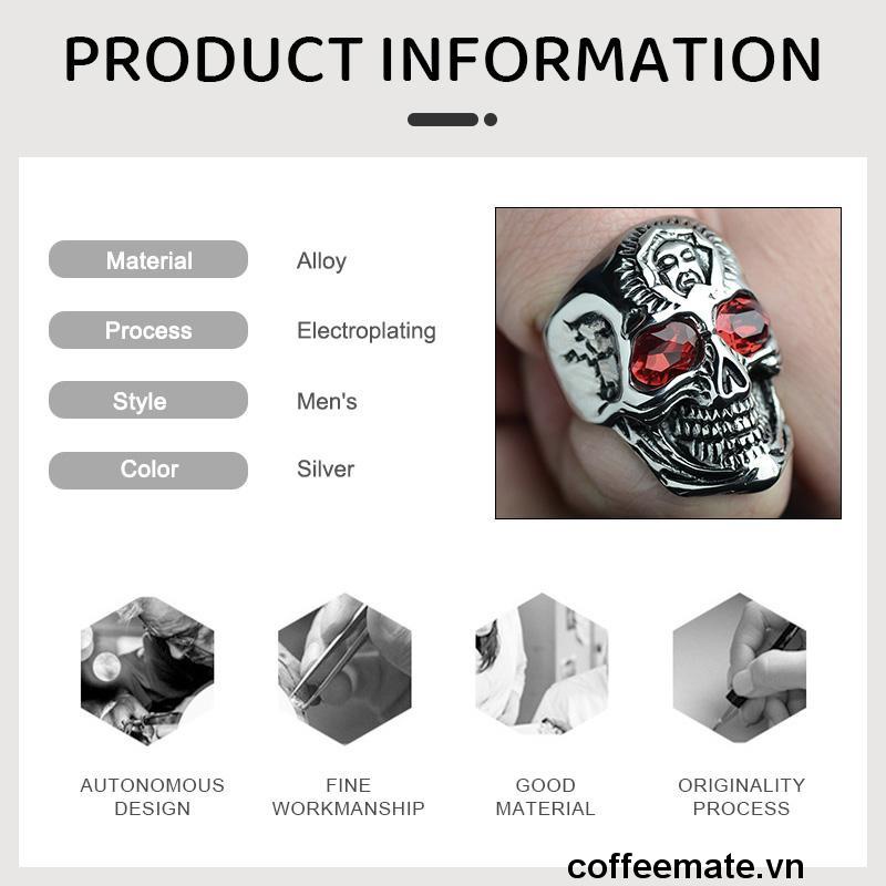 【coffeemate】⚡Nhẫn Hình Đầu Lâu đính đá zircon đỏ Thiết Kế Độc Đáo Cho Nam