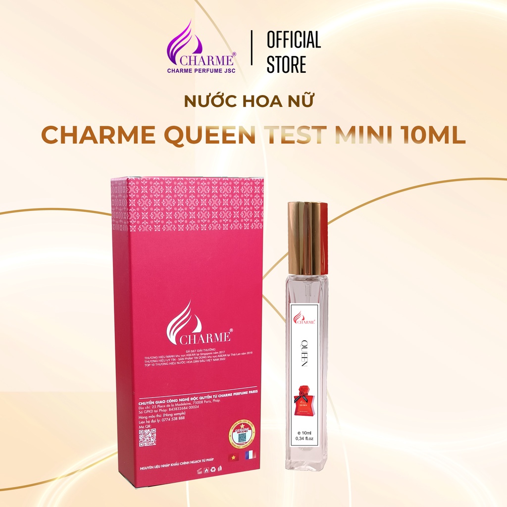 Nước hoa nữ sang trọng, Charme Queen, chai Test mini, mùi hương hoa hồng, tươi mát, lưu hương lâu, 10ml