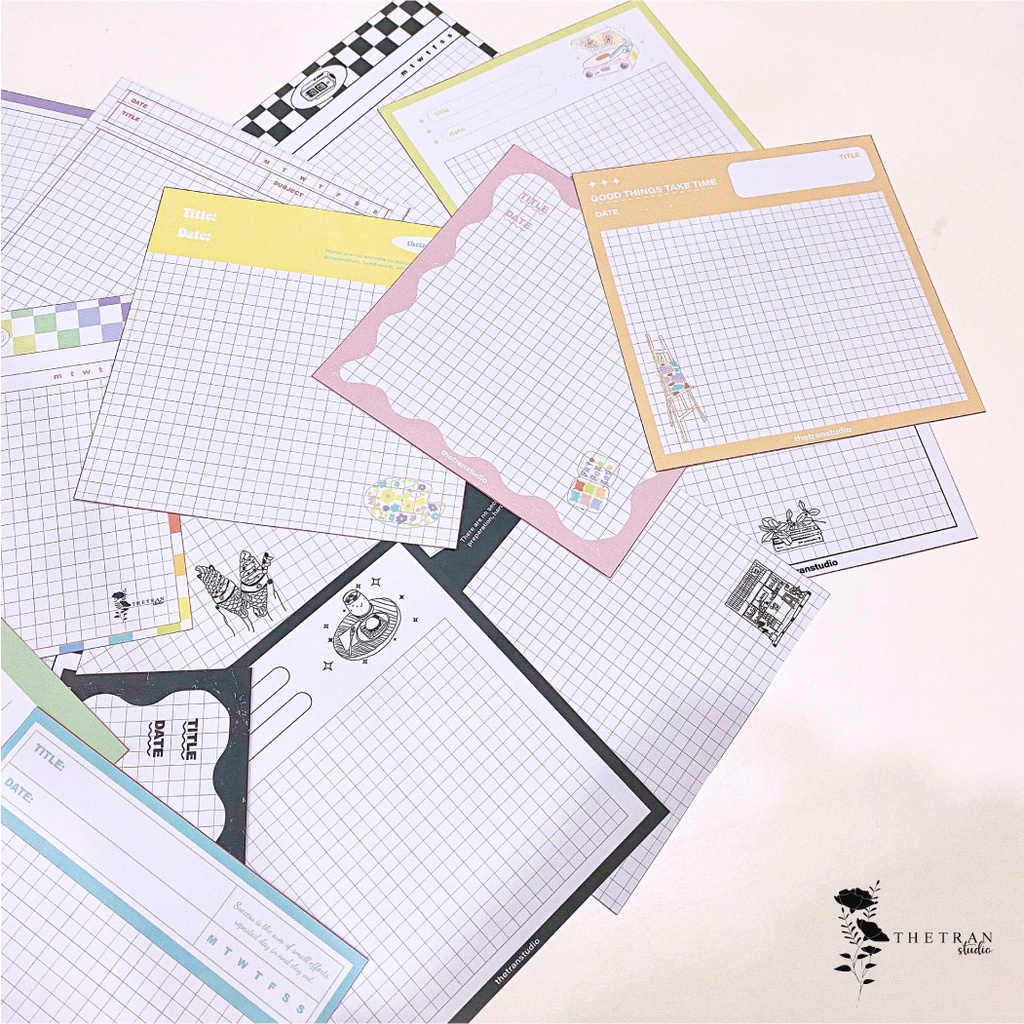 Bộ 10 tờ giấy ghi chép kẻ caro khổ vuông nhiều kiểu dễ thương / square notepad / thetranstudio