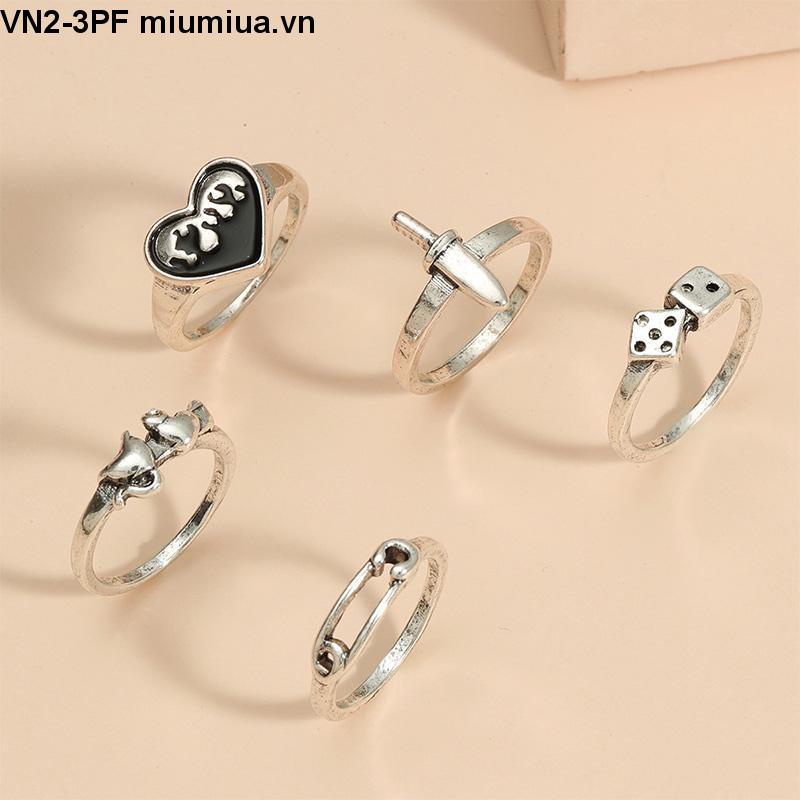 INS Nhẫn kim loại cổ điển Bộ 5 mảnh Retro cho nam và nữ