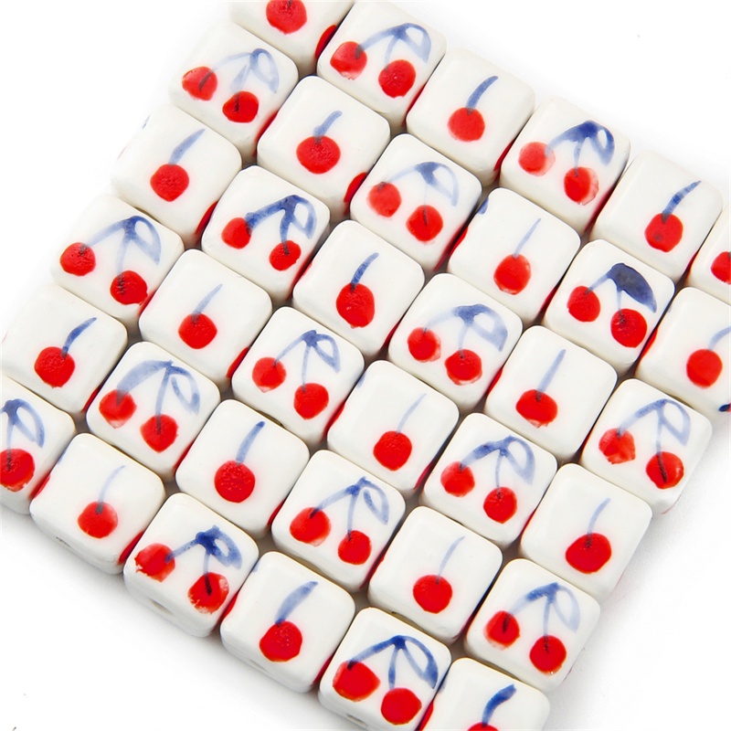 Hạt gốm BEADIA hình vuông họa tiết cherry vẽ tay dùng làm trang sức thủ công