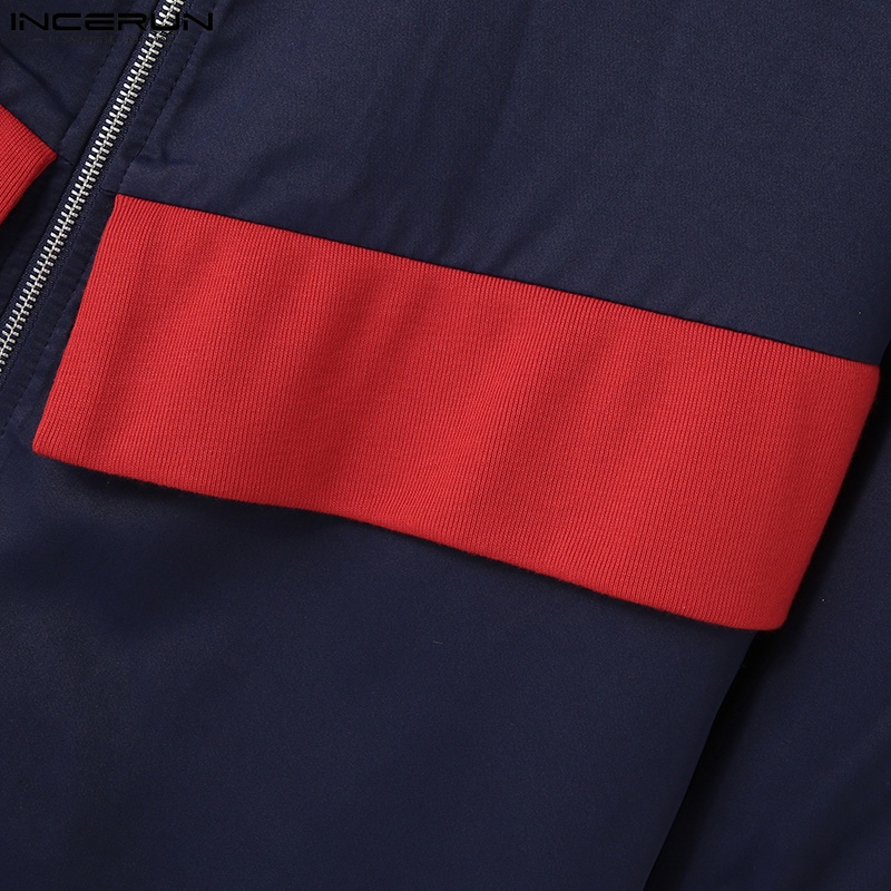 INCERUN Jumpsuit Tay Dài Cổ Bẻ Phối Màu Sắc Có Khóa Kéo Thời Trang Cho Nam Giới