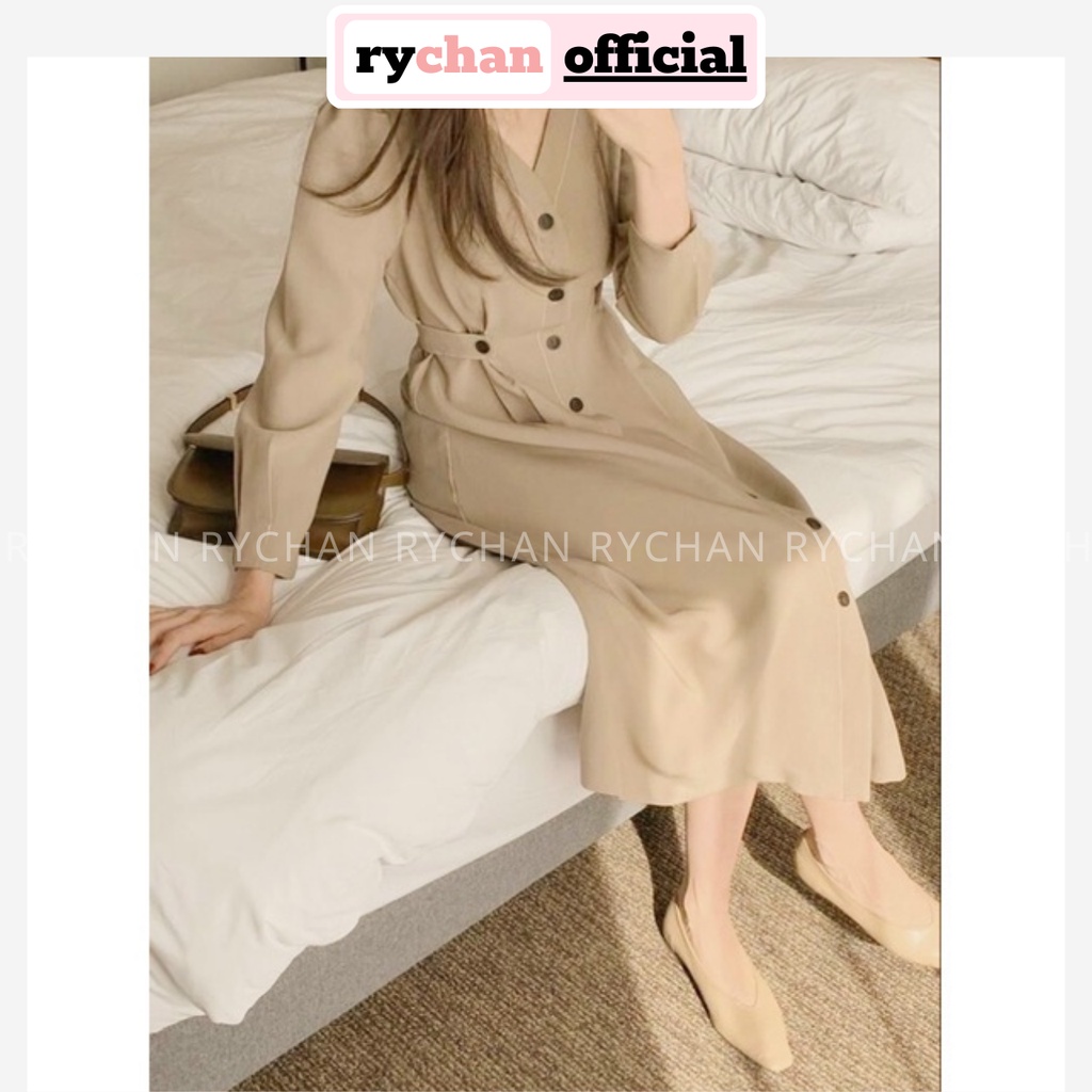 Đầm Nữ Hàn Quốc Công Sở Chiết Eo Cổ V Nút Đen Thanh Lịch, Váy Nữ Dạo Phố Tay Lửng Basic Thục Nữ Màu Kem - DX301