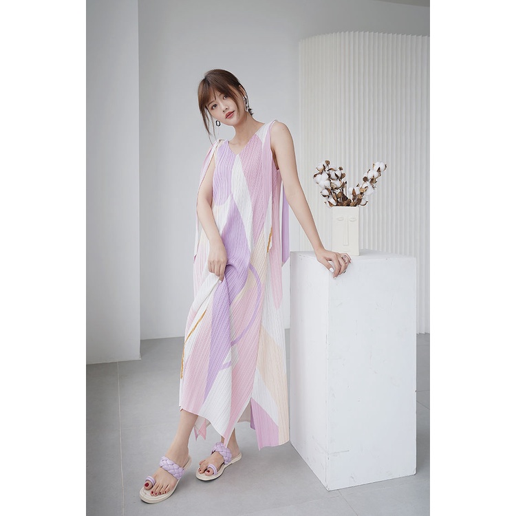 Miyake Đầm Hai Dây Dáng Dài Xếp Ly Màu Sắc Ngọt Ngào Thời Trang Đi Biển Mùa Hè Cho Nữ