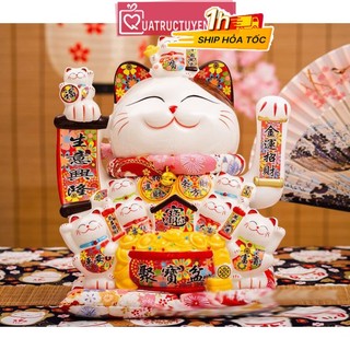 Mèo thần tài vẫy tay Đắc tài đắc lộc đắc nhân tâm (29cm/32cm), mèo chiêu tài gốm sứ cao cấp