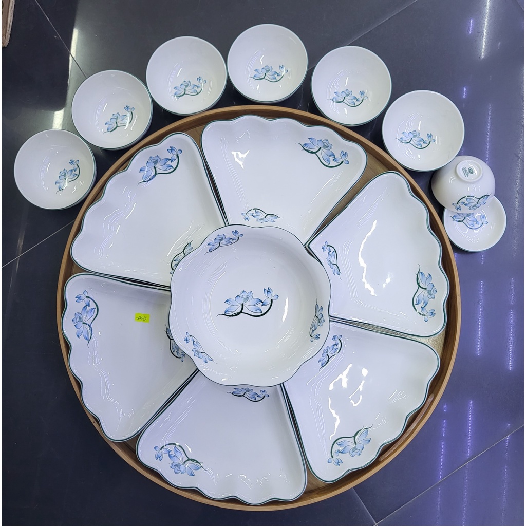 Bộ bát đĩa mâm cơm  hoa mặt trời  7 món họa tiết hoa sen vẽ tay hàng loại 1 đẹp dày dặn