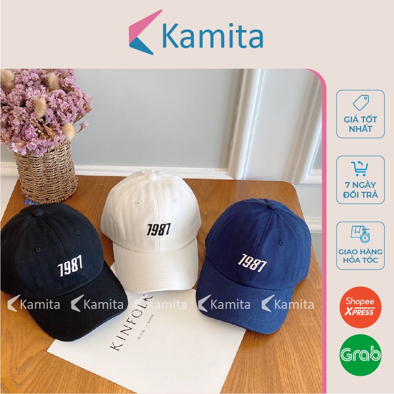 Mũ Lưỡi Trai, Nón Lưỡi Trai KAMITA Thêu Chữ 1987 Nam Nữ Hàn Quốc, Nón Kết Đen Be Đẹp Vải Kaki Cao Cấp Chính Hãng KM13