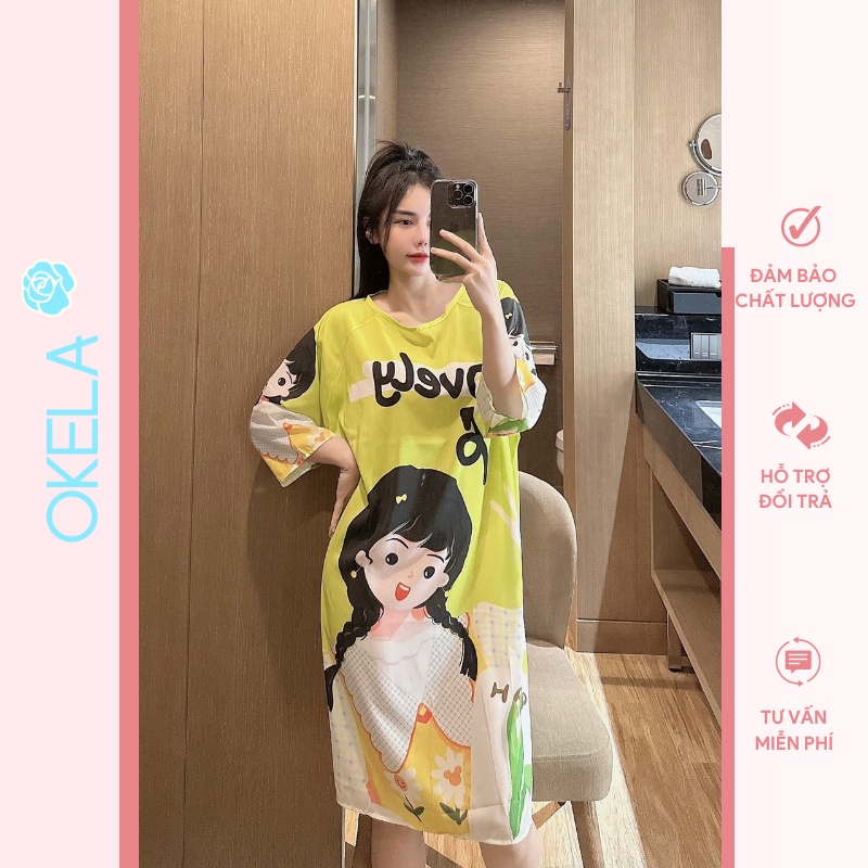 Váy Ngủ Mặc Nhà Xuông Cổ Tròn Dáng Dài Lụa mango Mềm Nhẹ Mát in 5D Thiết Kế Xinh Đẹp OKELA AV