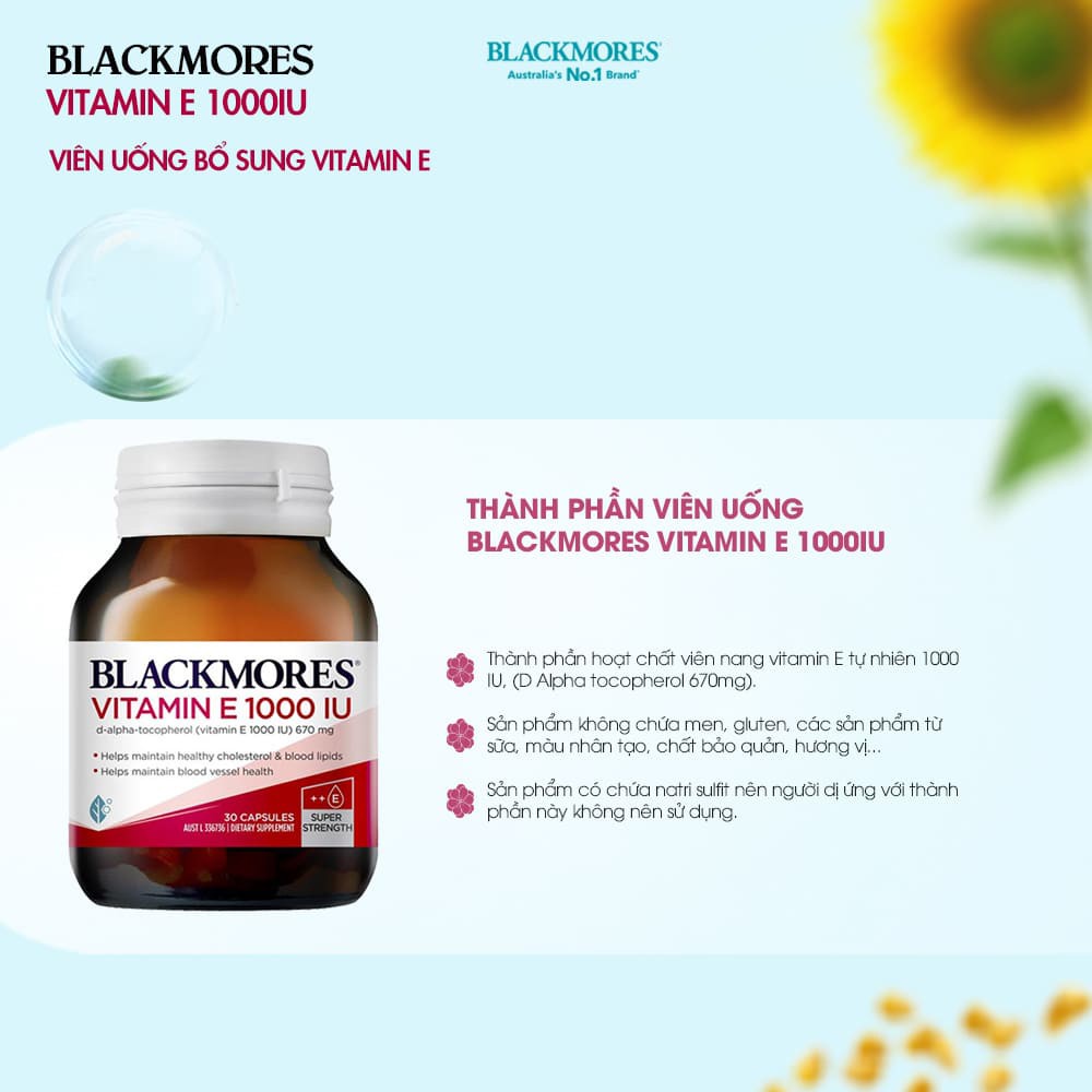 Viên uống bổ sung vitamin E tự nhiên 1000IU Blackmores Úc giúp dẹp da, đẹp tóc 30 viên