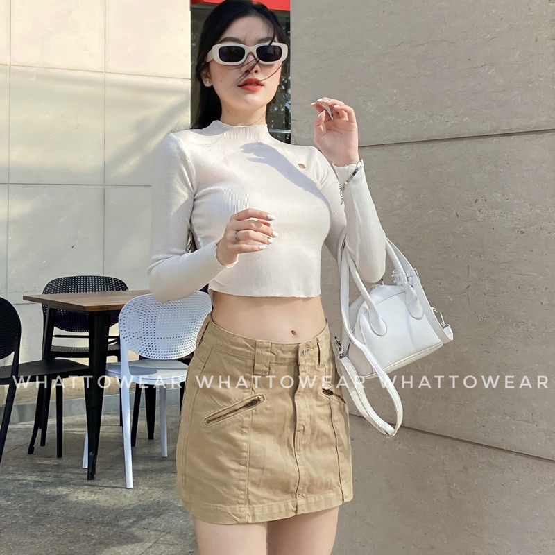 Chân váy ZIP denim màu Kaki/Kem/Den cạp hạ có quần bảo hộ khoá kéo giả