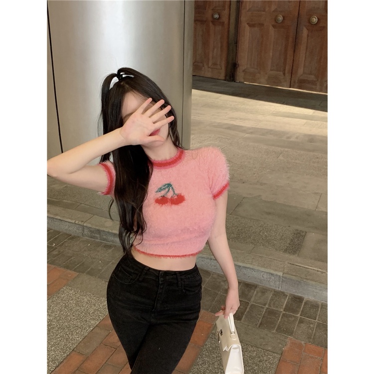 QKOOLE Áo crop top  tay ngắn hở rốn giả lông chồn thời trang mùa hè xinh xắn dành cho nữ