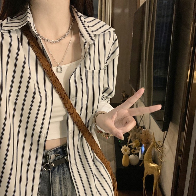 NRVP Áo sơ mi nữ tay dài họa tiết kẻ sọc phong cách Hàn Quốc