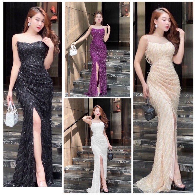 Đầm dạ hội kim sa tua rua giả cúp ngực cao cấp